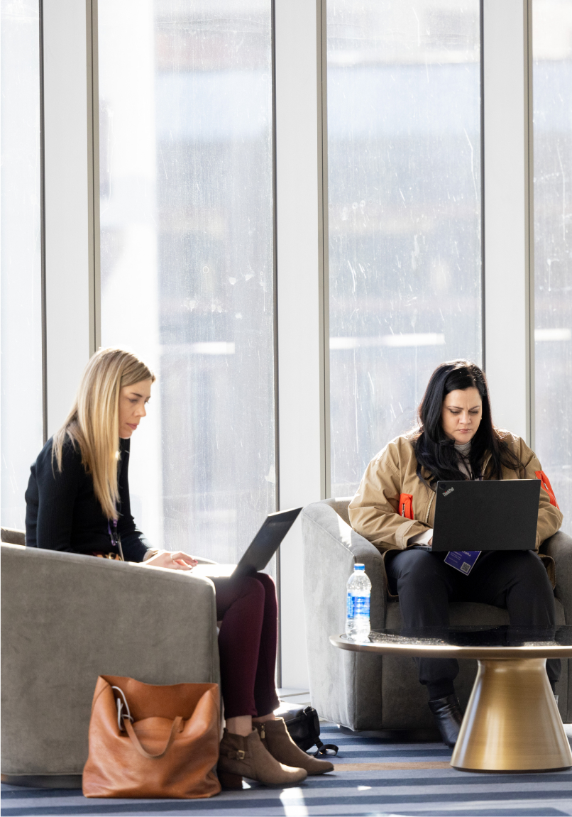 Two women using laptops